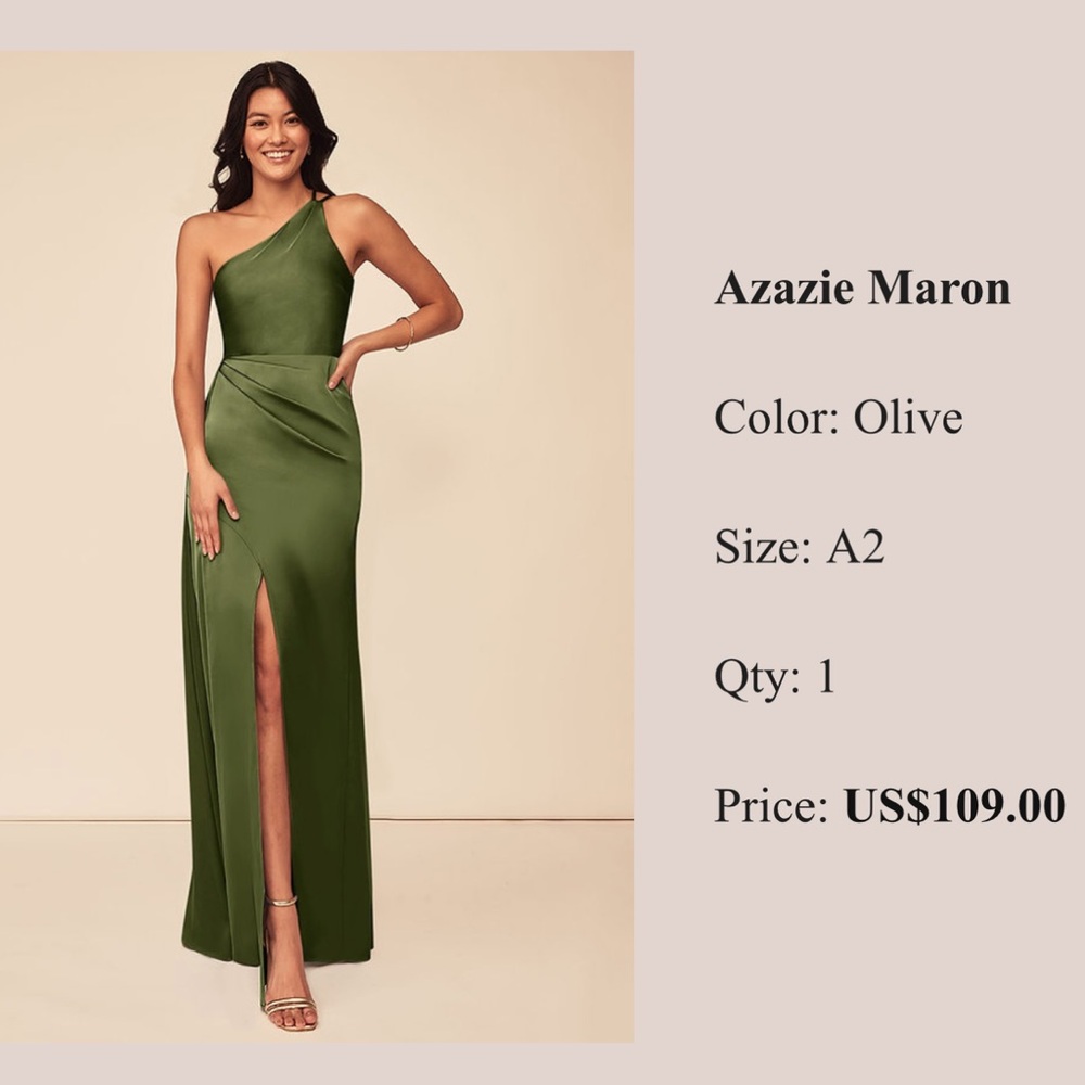 Azazie Maron Olive One-Shoulder Evening Gown- size 2 NWOT